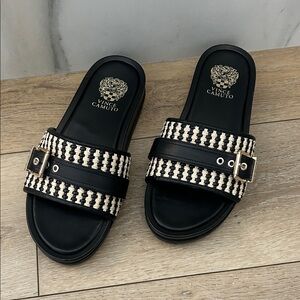 Vince Camuto Woven Black and Cream Slide Sandals